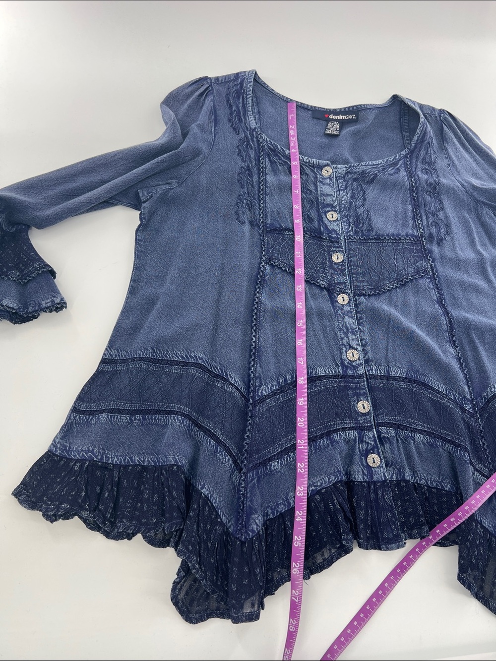 Denim 24/7 Indigo Blue Button-Front Lace-Trim Peasant Blouse boho - Picture 5 of 7